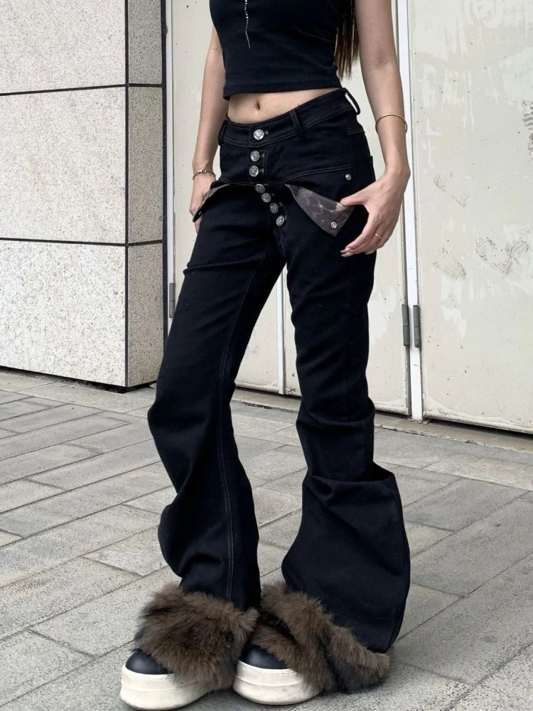 American Vintage Full Length Bootcut Jeans Distressed Patchwork Faux Fur Pants Y2k Retro Button Bodycon Denim 2026 New Arrival