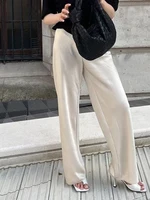 Chic Satin Wide Leg Dress Pants Women's Stylish Elastic Waist Loose Fit Long Trousers for Streetwear Work Solid Color 2