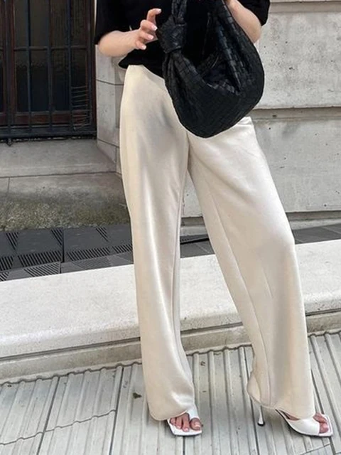 Chic Satin Wide Leg Dress Pants Women's Stylish Elastic Waist Loose Fit Long Trousers for Streetwear Work Solid Color 2 Chic Satin Wide Leg Dress Pants Women's Stylish Elastic Waist Loose Fit Long Trousers for Streetwear Work Solid Color 2