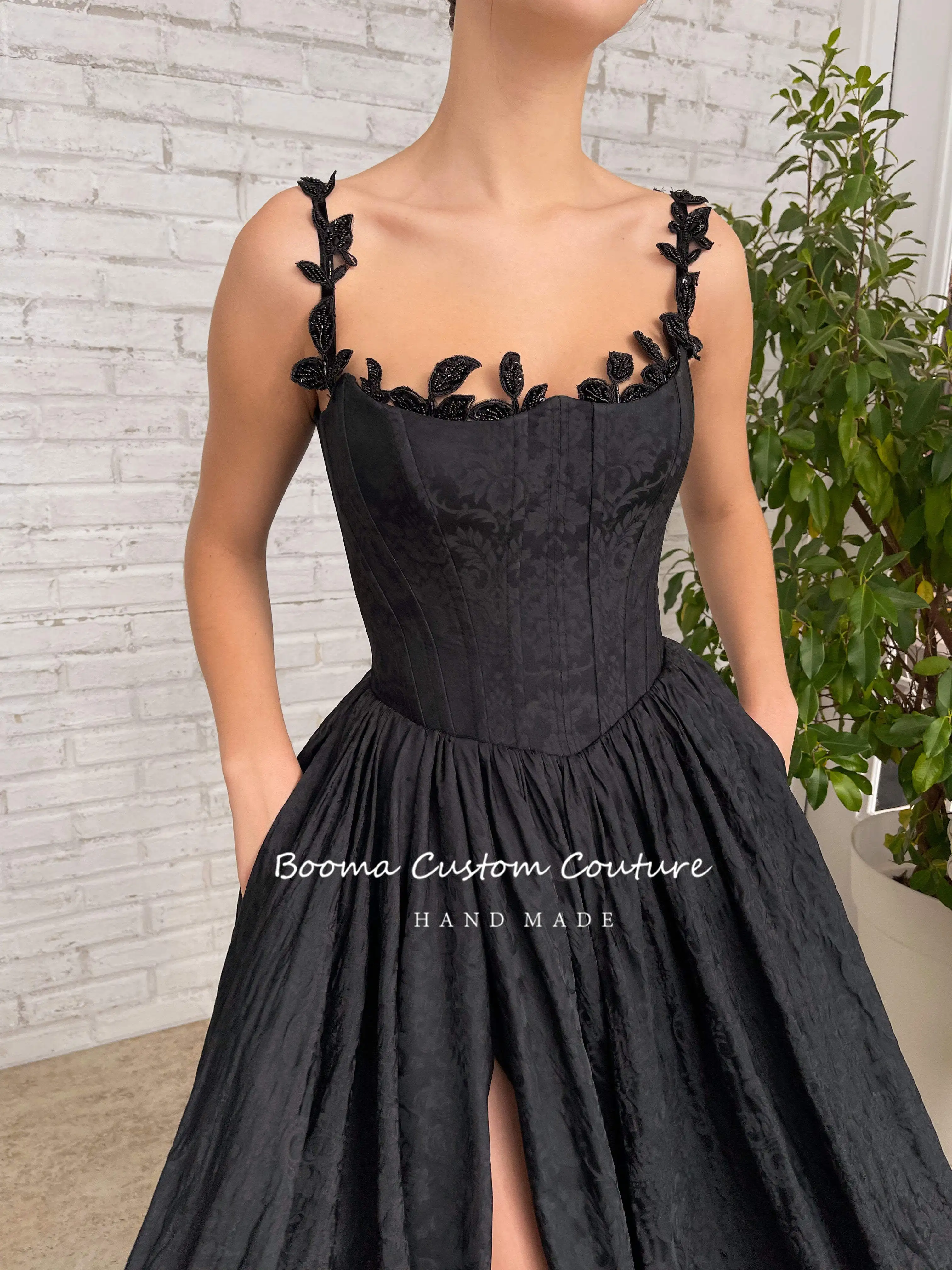 Booma preto impressão cetim a linha vestidos de baile sem alças desossado basco alta coxa fenda longo vestidos de noite formal vestidos de festa