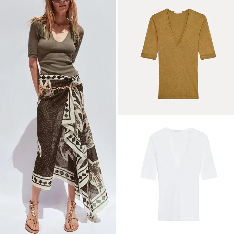 

Z Women's Waed Cotton V-Ne T-irt Comfortable Simple Multi-Color Choice 2025 New Arrival Summer Polyester Fiber