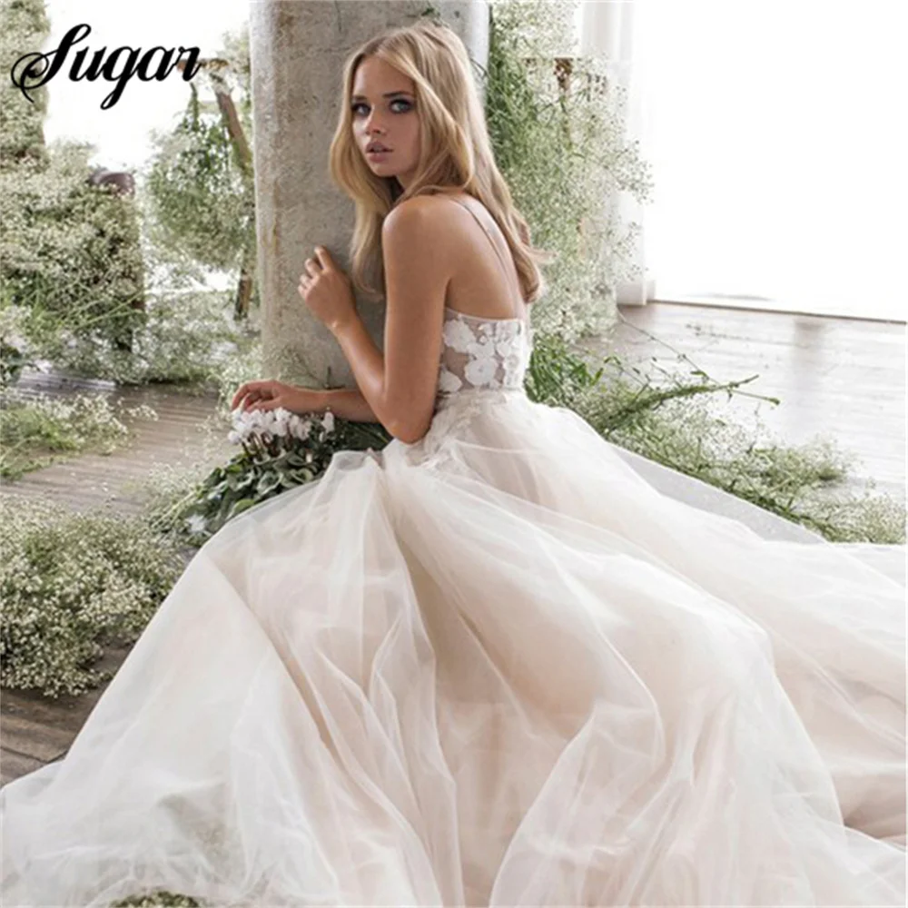 Elegant Fairy Wedding Dress Summer 2023 A-Line Spaghetti Straps Appliques Tulle Sweep Train Bridal Gown Vestidos De Noiva