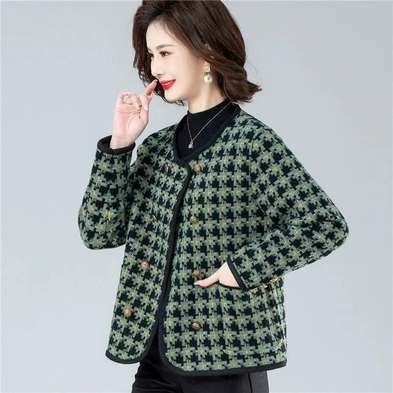 Elegant Spring Autumn Tweed Jacket Women Round Neck Houndstooth Short Coat Slim All Match