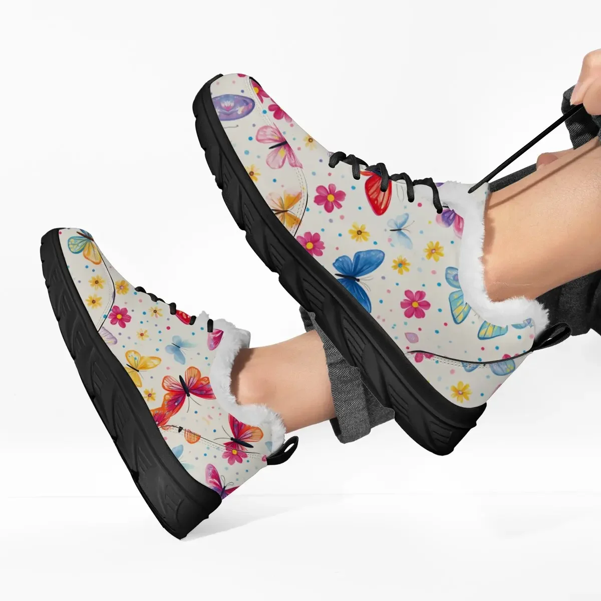 

New Autumn and Winter Lace-up Round-toe Fleece Warm Flat Low-top Lace-up Floral Butterfly Pattern Design Casual Sports Shoes