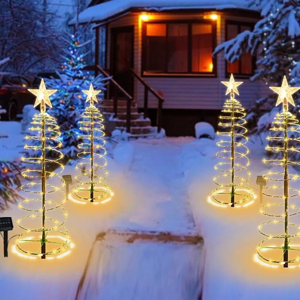8 Modes Solar Iron Christmas Tree Lights LED Luminous Christmas Tree Decorative Lamp Ornament Warm/Colorful Light