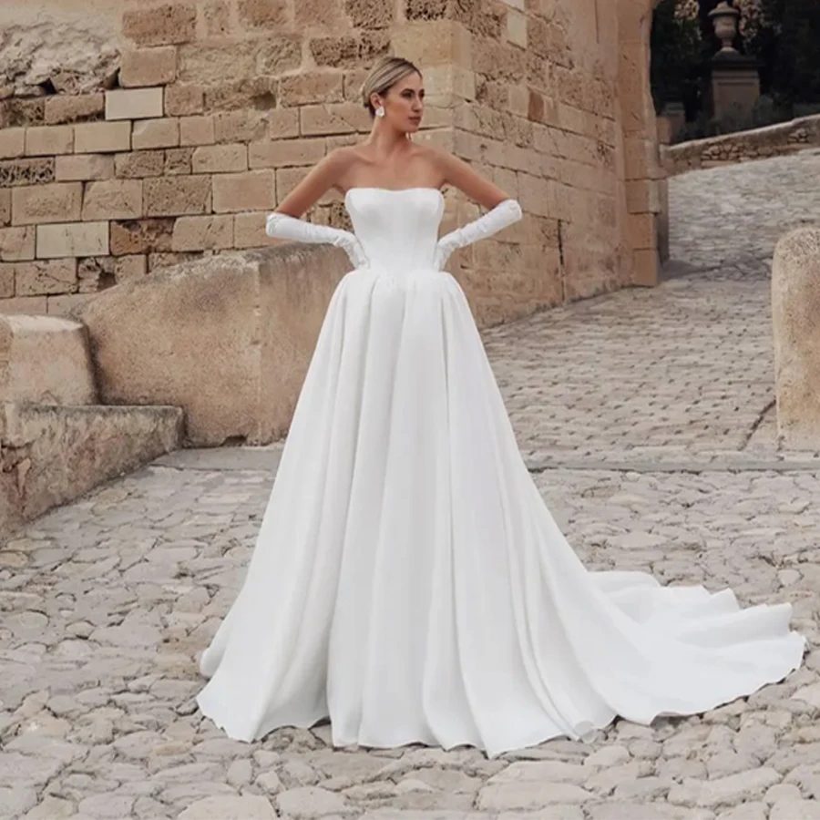 

CustomizedSatin Wedding Gown Sweetheart Sleeveless A-Line Backless Lace Up Bridal Gown vestidos de novia