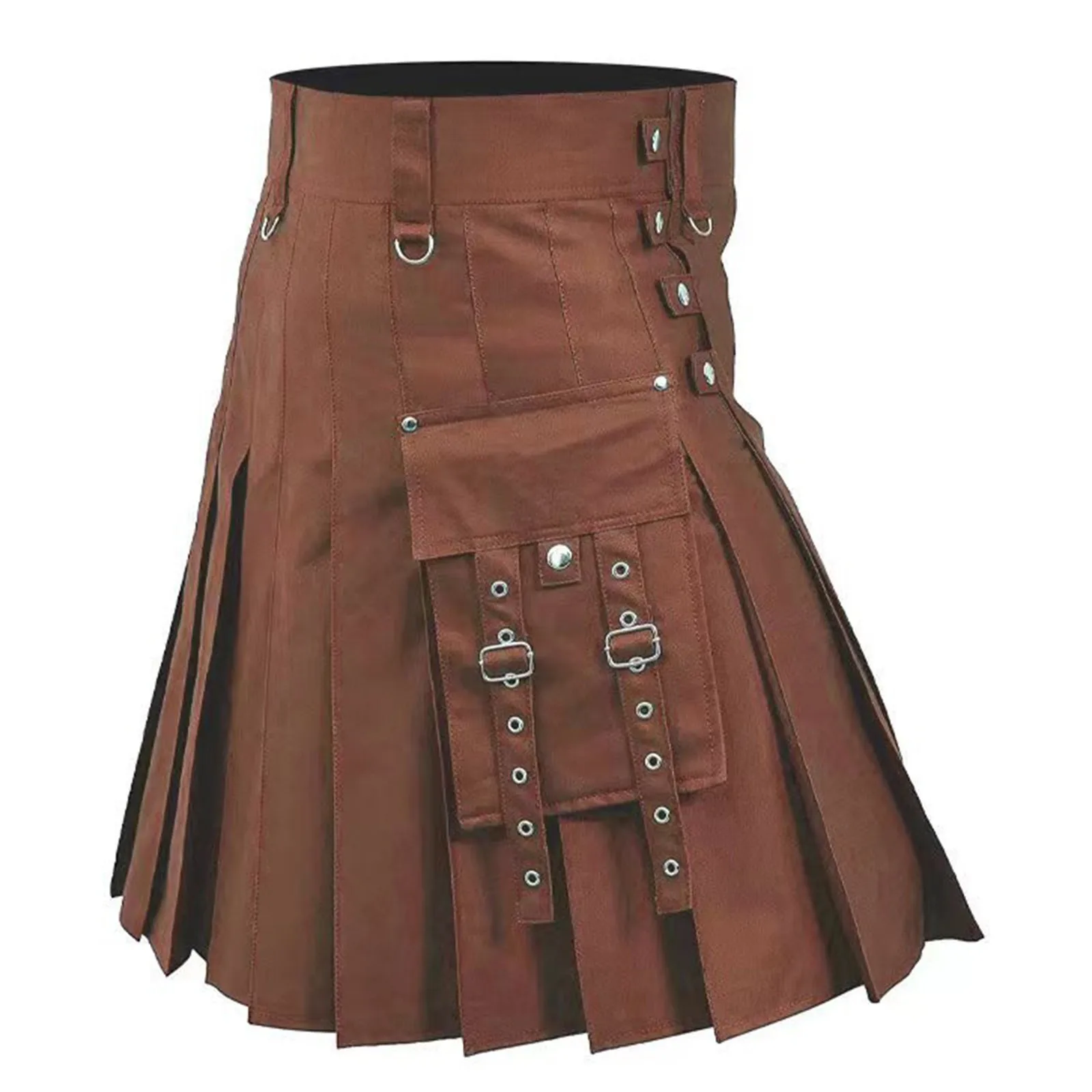 Scottish Mens Kilt Traditional Plaid Belt Pleated Bilateral Chain Brown Gothic Punk Check Contrast Color Tartan Shorts Skirt