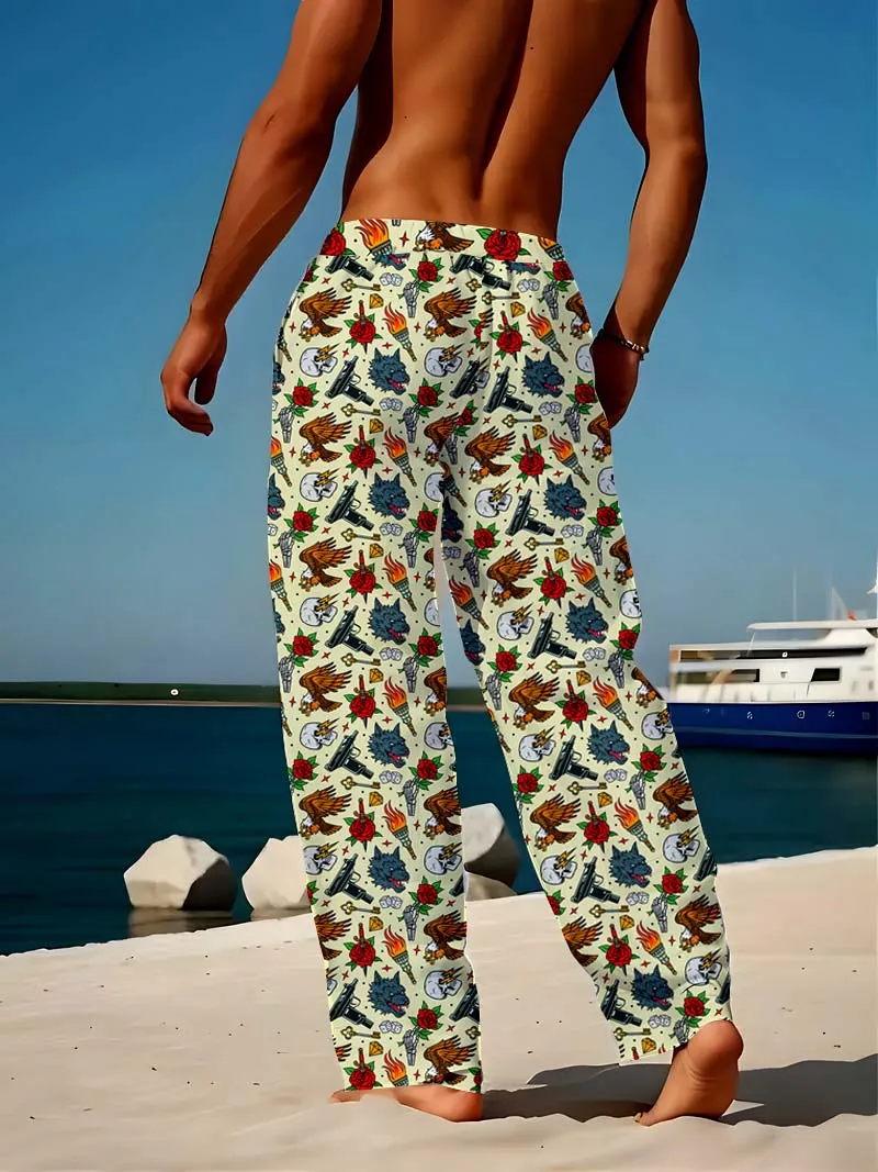 New retro tattoo pattern 3D digital printed men's loose wide leg pants, retro street quick drying non fading casual pants