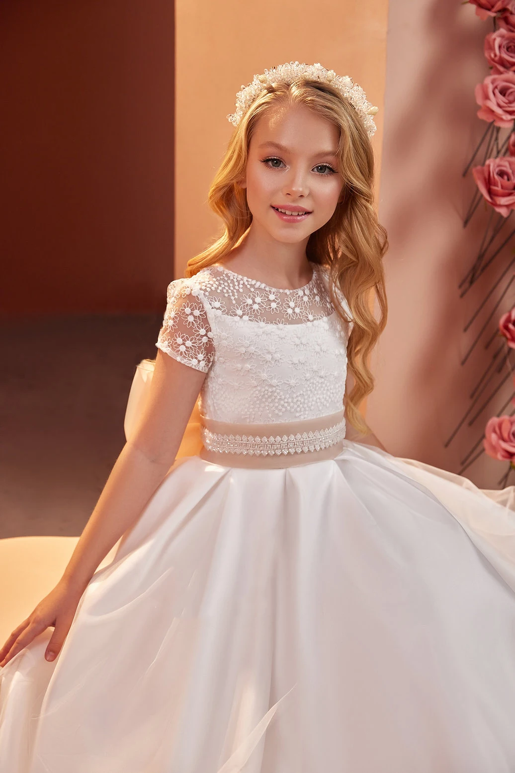 Vestido de niña de flores de encaje blanco para boda, apliques de satén hasta el suelo con lazo, vestidos de baile de cumpleaños para niños, vestido de primera comunión