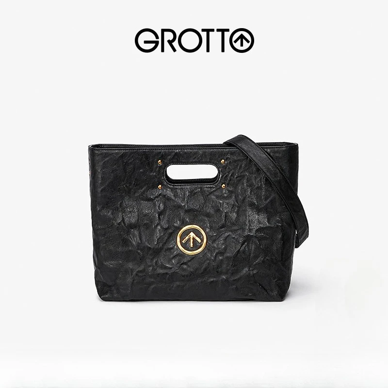 GROTTO Black Stone CARRY Italian Sheepskin Trendy Large Capacity Tote Bag Lightweight and Portable