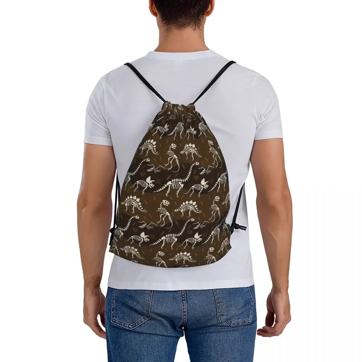 Dinosaur Fossil Pattern Backpacks Fashion Portable Drawstring Bags Drawstring Bundle Pocket Sports Bag BookBag For Travel School