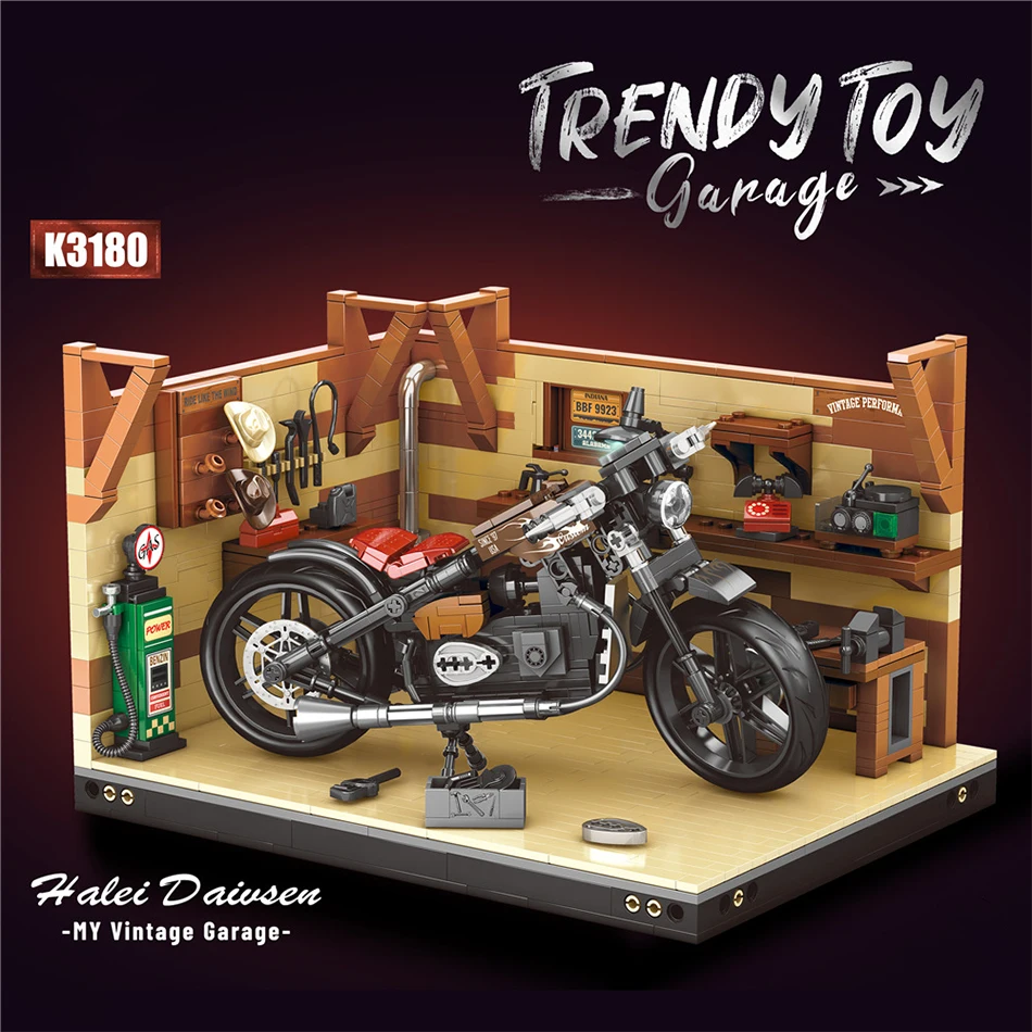 

MOC Vintage Motorbike Garage Building Blocks Miniature Scene Educational Assembly Toy With Mechanical Tools For Boys Best Gift