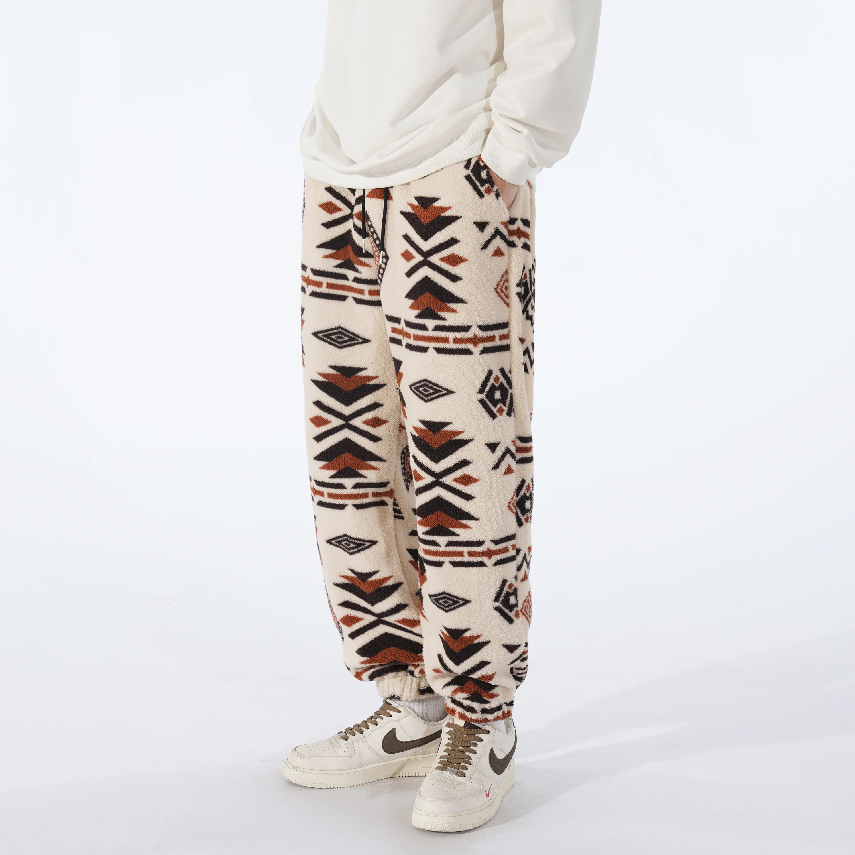 

Men's Ethnic Pattern Fleece Joggers - Elastic Waist & Drawstring, Cuffed Legs, Warm Trendy for Winter Daily, Casual & Streetwear