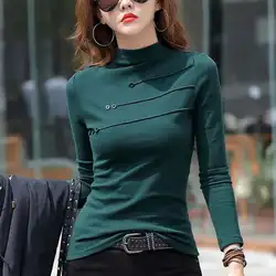 #0302 Spring Autumn Turtleneck T Shirt Women Buttons Slim Basic T Shirt Femme Cotton Casual Skinny Women's T-shirt Solid Color