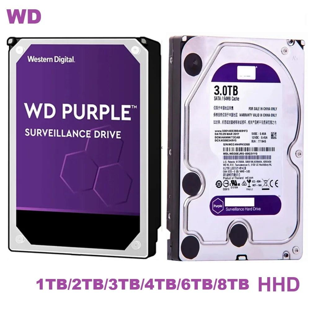 

WD Western Digital Жесткий диск SSD 8 ТБ SATAIII 6,0 Гбит/с 3,5 "фиолетовый HHD Механический внутренний жесткий диск большой емкости для наблюдения