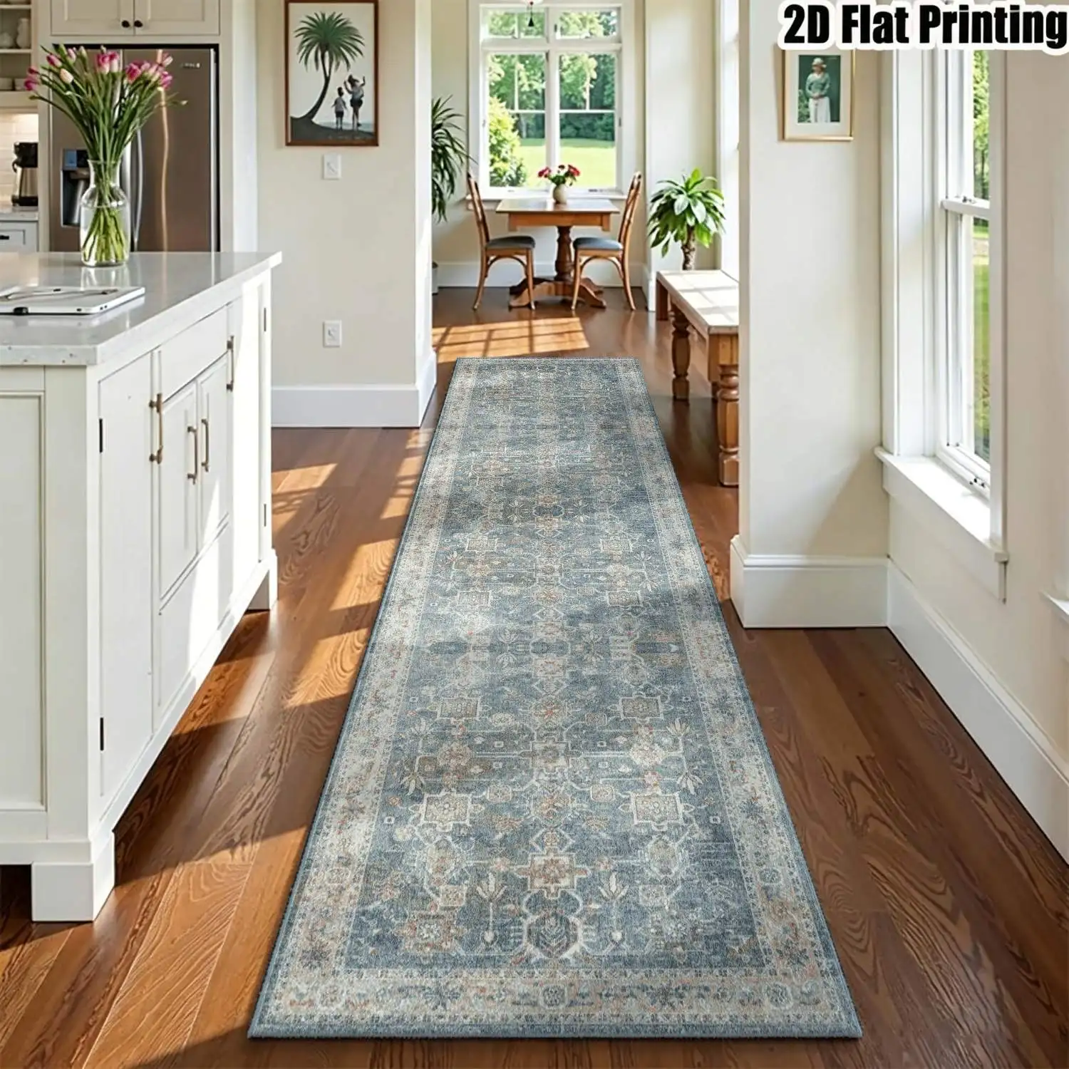 1Pc 2D Printed Striped Runner Rug: Blue-Grey Retro Floral, European/Bohemian/Geometric Style, Machine Washable, Multi Sizes, Ideal for Home Decor, Entrance, Hallway, Living Room, Bedroom 5