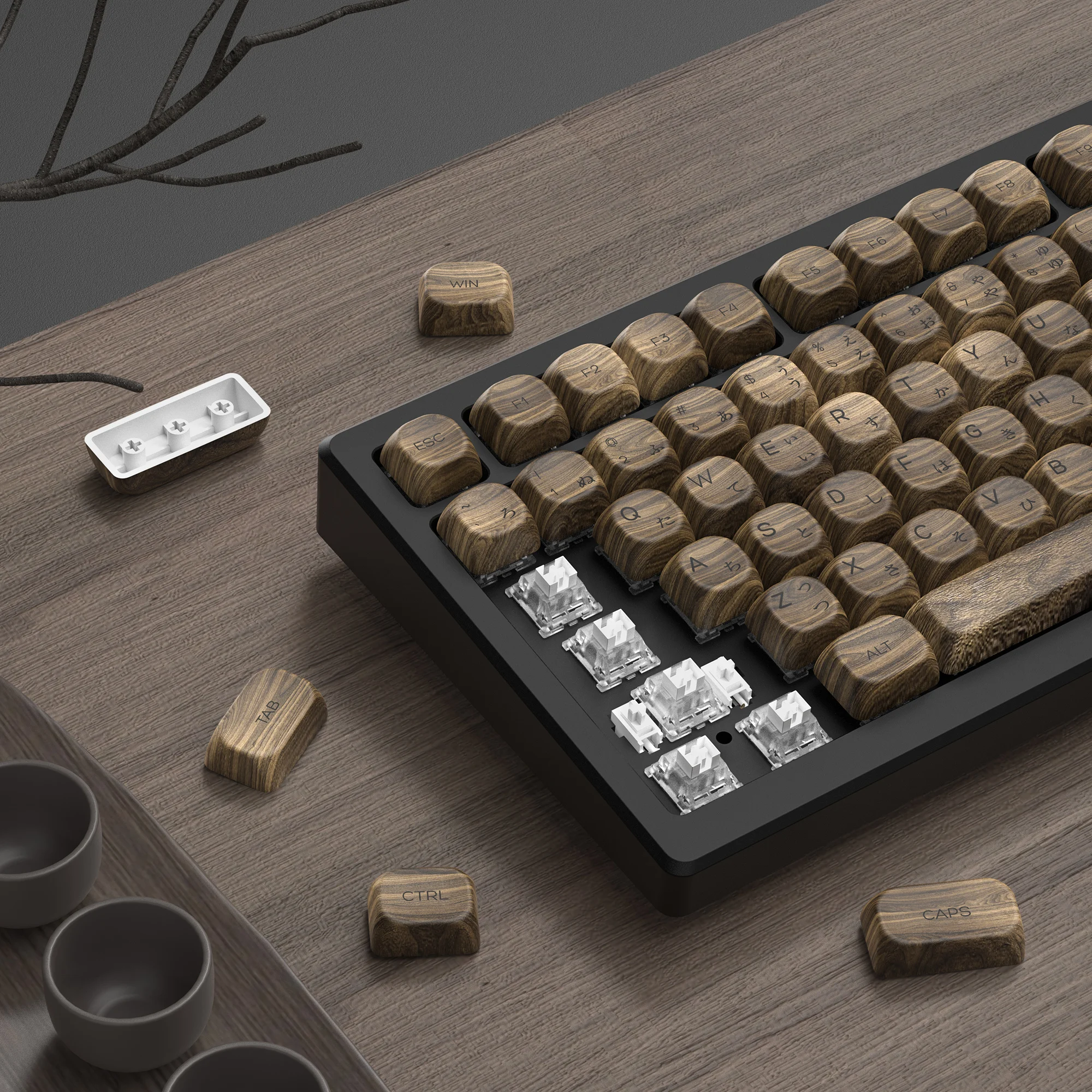 Walnut Wood Grain Themed MOA Profile Keyboard Keycaps Five Side Dye-Sublimation PBT Keycaps for Cherry MX Switch Gaming Keyboard