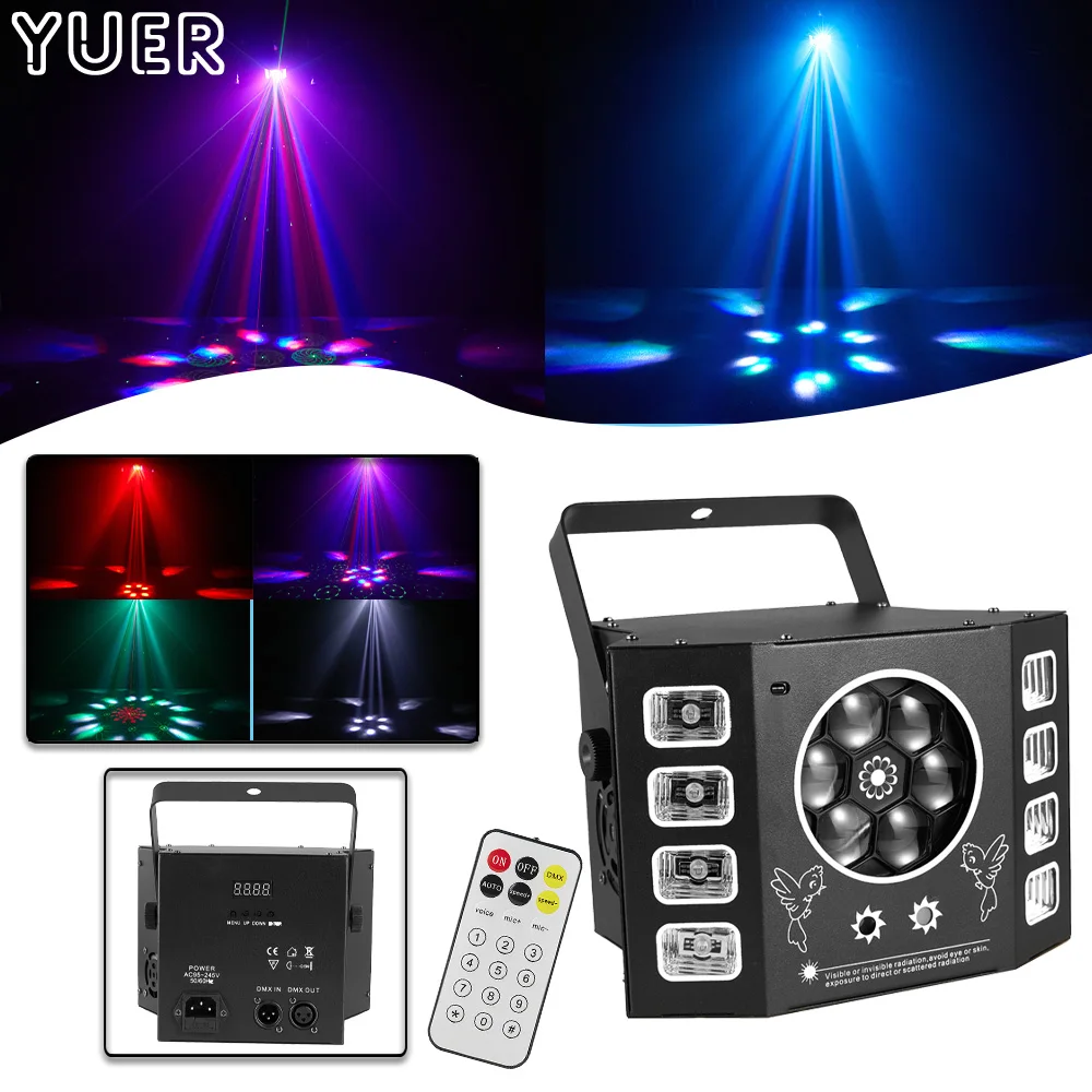 

LED 4IN1 Stage DJ Disco Laser Scan Light Bee Eye UV Black Effect Strobe Party Wedding Holiday Event Sound Remote Activated Lamp