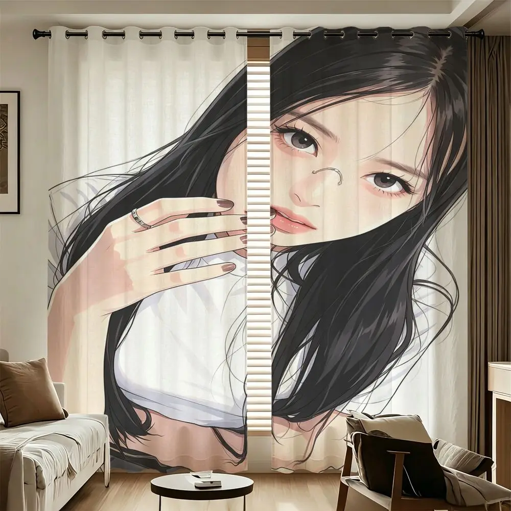 Minimal Line Cartoon Printed Curtains 2 Panels Light Blocking Rate 85% Darkening Curtains Modern Household Curtain