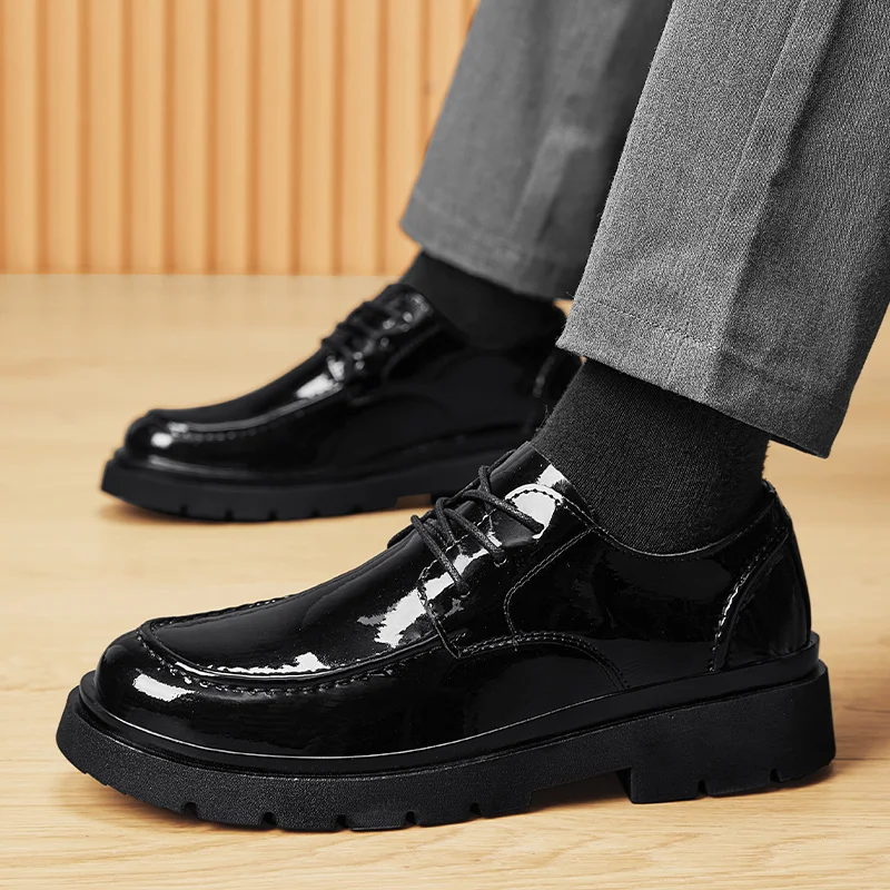 Brand Spring Autumn Men Dress Shoes Lace Up Casual Black Leather Shoes Men Glossy  Loafers Luxury Wedding Party Male Shoes men