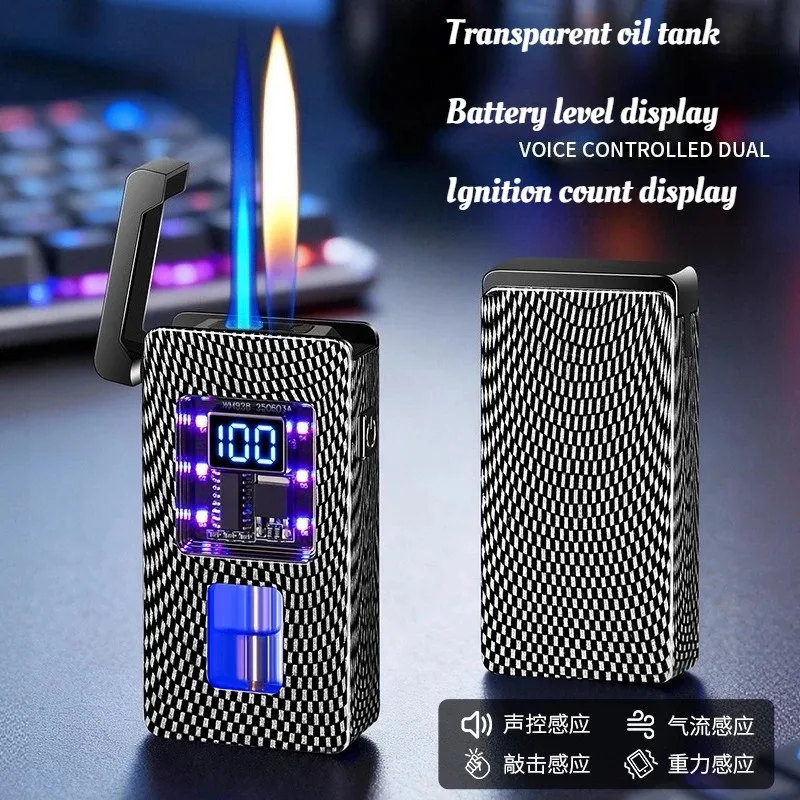 New Carbon Fiber Sound-controlled Induction Lighter Windproof and Inflatable Dual-flame High-end Cigarette Accessories