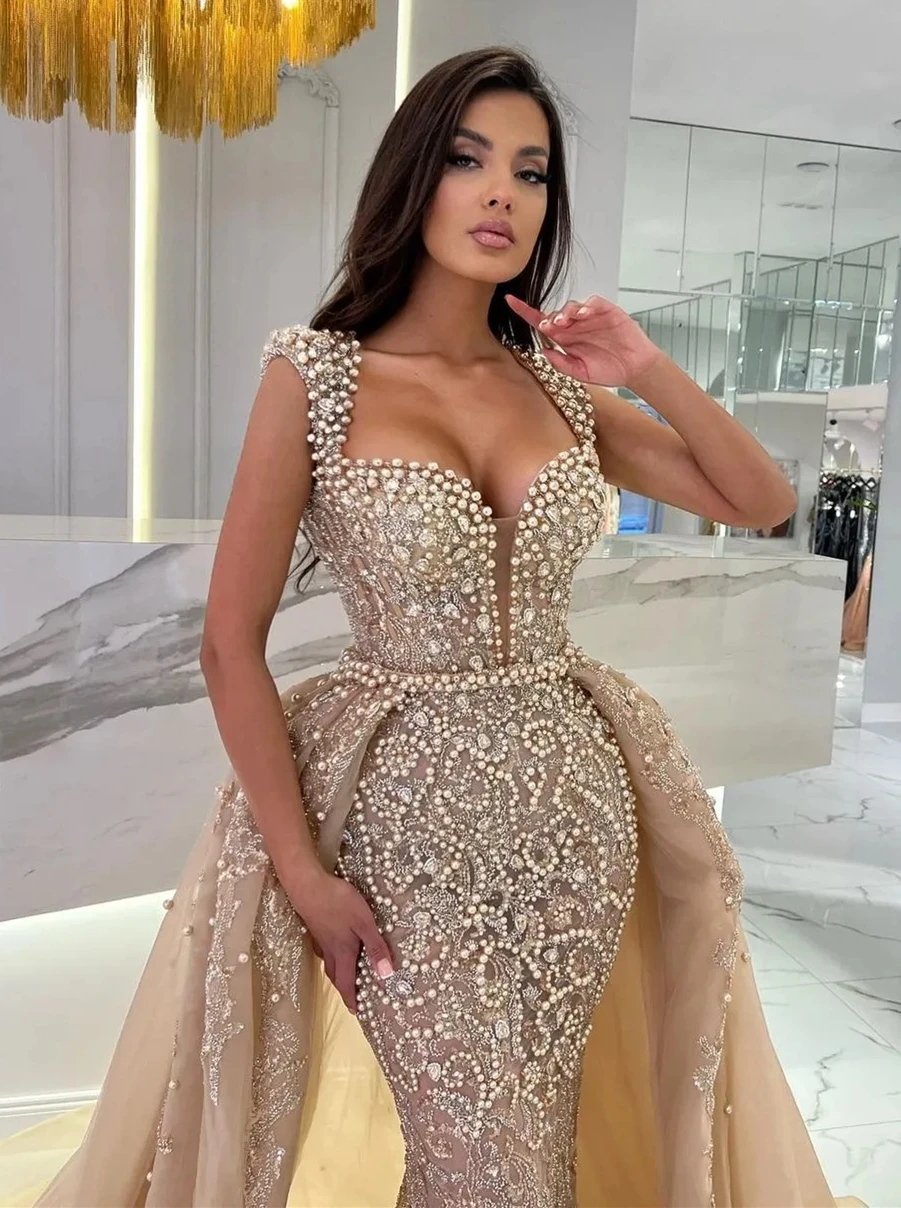 Sunnye New Glitter Luxury Beaded Evening Dresses With Detachable Train Formal Party Engagement Gowns Dresses Robe De Soiree