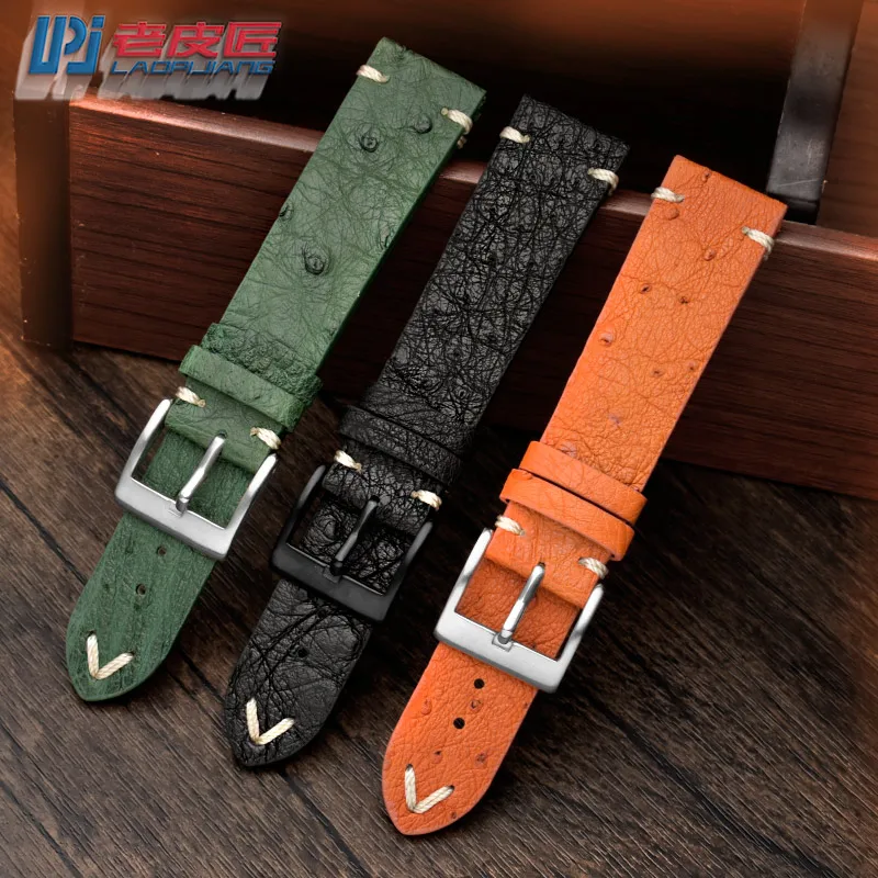 Vintage Ostrich Leather Watchband for Ro-lex Seiko Green Water Ghost Omega Seamaster 300 Watch Strap Bracelet 18mm 20mm 22mm