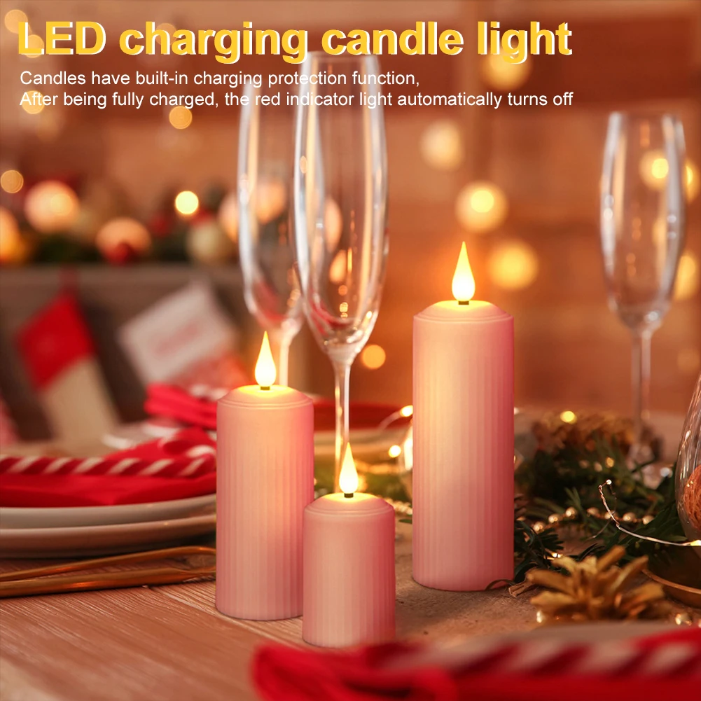 Velas LED con Control remoto, recargables por USB, impermeables, rosas, para boda, temporizador, vela rosa sin llama con Cable USB, 3 uds.