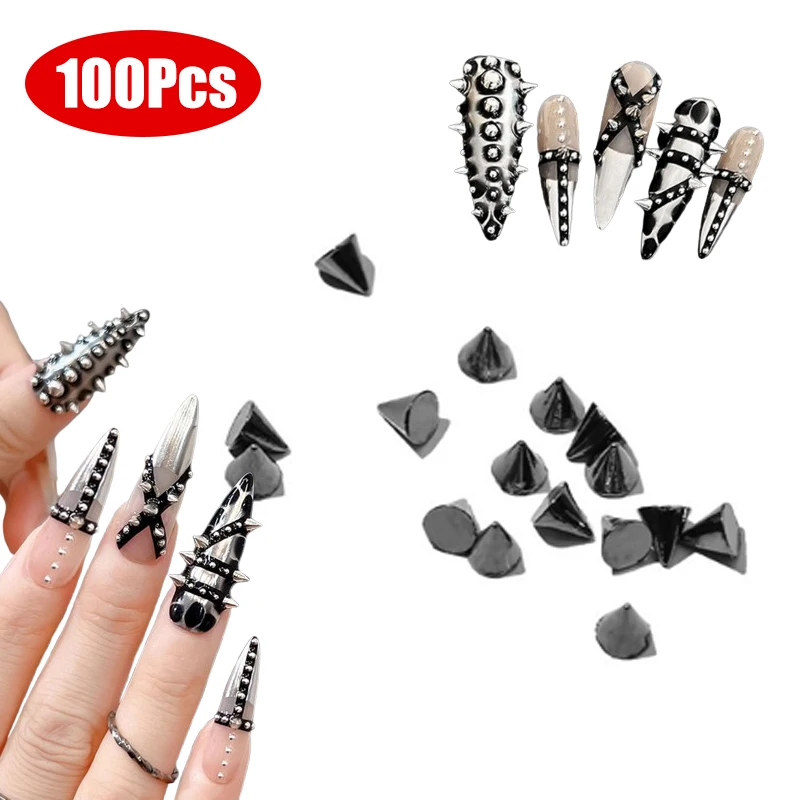 100Pcs Punk Rivet Nail Charms Cone Mixed Sized Nail Art Studs Stylish Alloy Spike 3D DIY Nails Decor