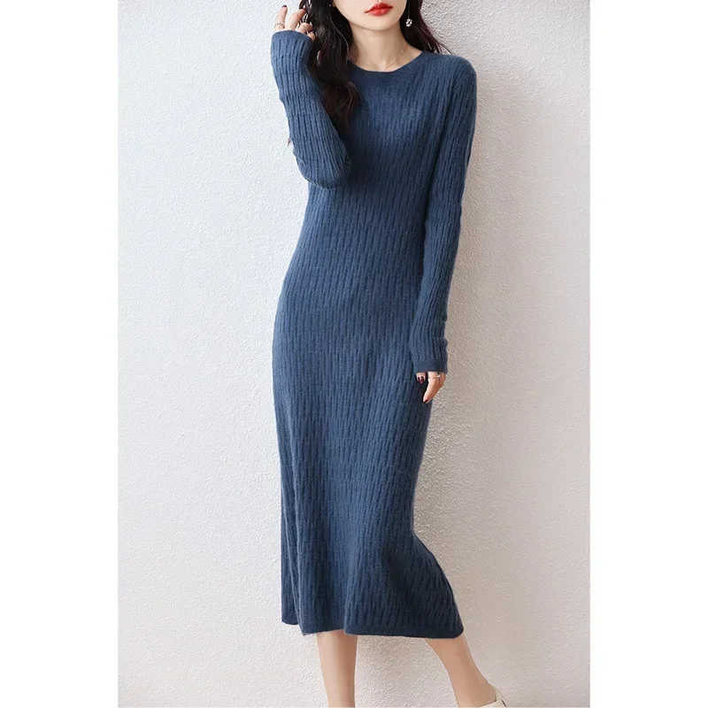 

2023 Autumn Winter New High Elasticity 100% Wool Sweater Dress Women Solid Warm Slim Dresses Female Casual Basic Knitted Pullove