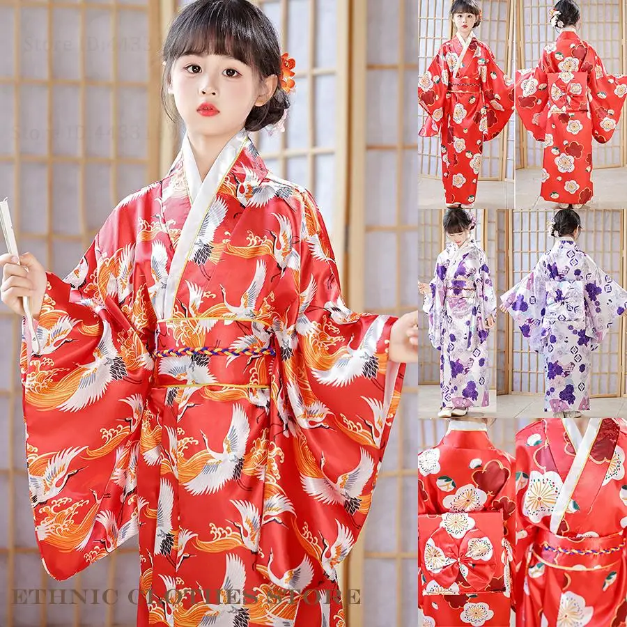 

Traditional Japanese Girls Kimono Gown Cosplay School Performances Suit Costume Print Flower Bathrobe Kimono Yukata with Obitage