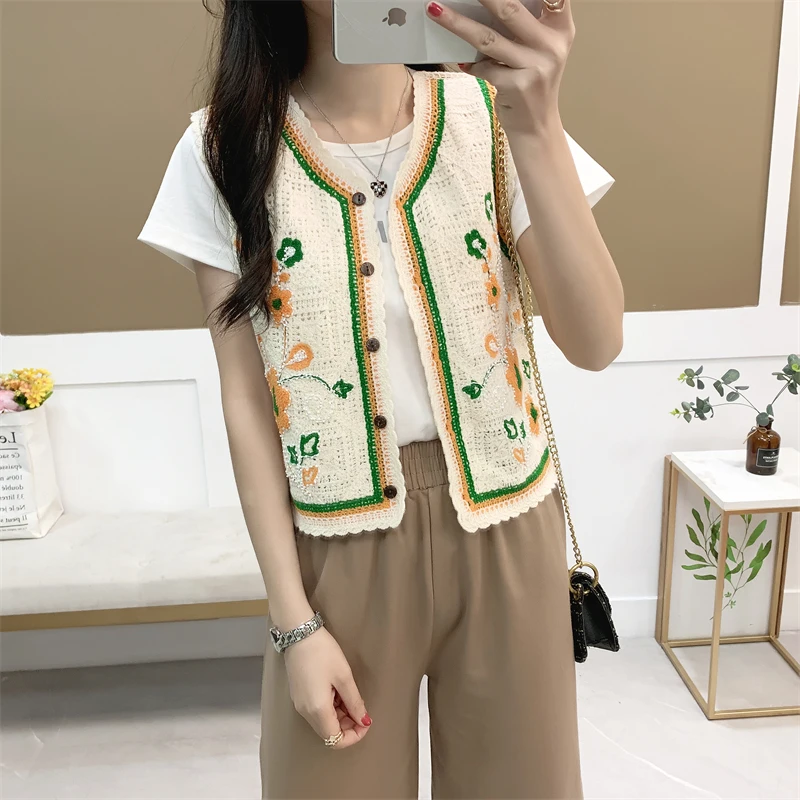 

Boring Honey Bead Embroidery Wavy-Edge Fashion Women Blouses Single-Breasted Sleeveless T-Shirt Hollow Out Crochet Vest Tops