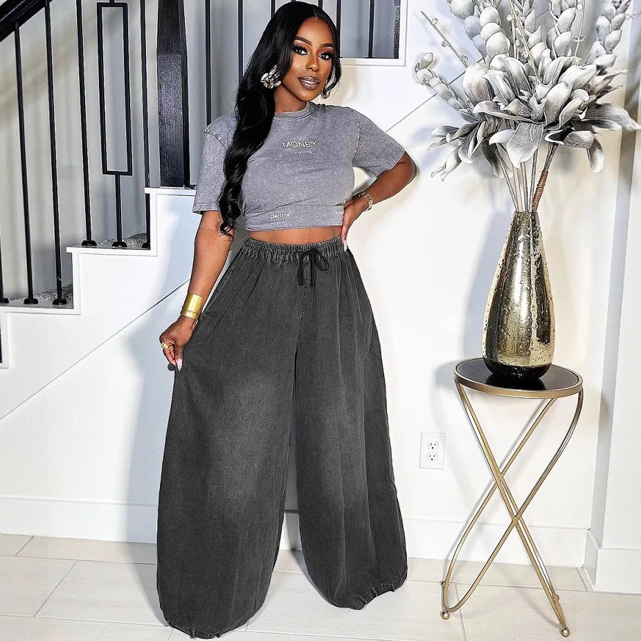 Denim Pant Women Mom Jeans Wide Leg Long Pants Lace Up High Elastic Waist Straight Trousers Y2k Streetwear Elegant Splice Work