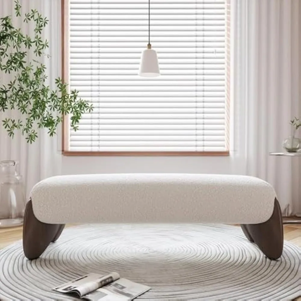 Curva Boucle Upholstered Bedroom Bench – 57” Modern White Upholstered Bench with Solid Rubber Wood Legs, Backless End of Bed
