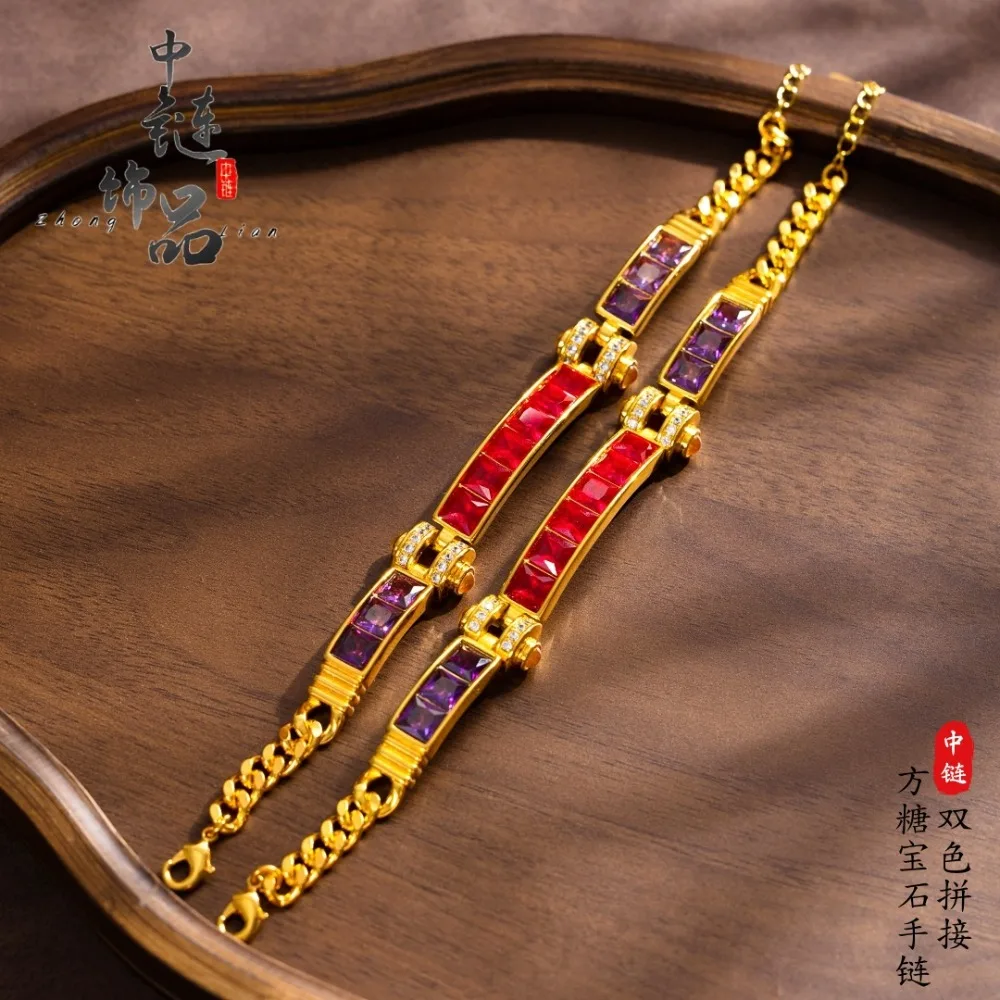 Classic double matching color sugar gem bracelet niche advanced insetting red corundum 9999gold