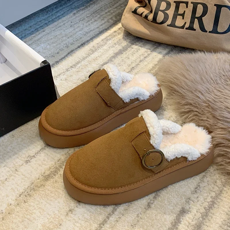 

Women's Thicken Plush Fur Warm Slippers 2024 Winter Slip on Platform Shoes Loafers Mules Thick Bottom Cotton Sandals Flip Flops