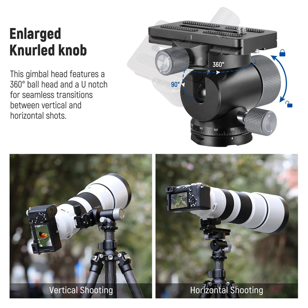 

ABGN GM39 Карданный шарнир для штатива-монопода, длинные телеобъективы, металлическая низкопрофильная шаровая головка 360° ° Сковорода 90 ° Наклон