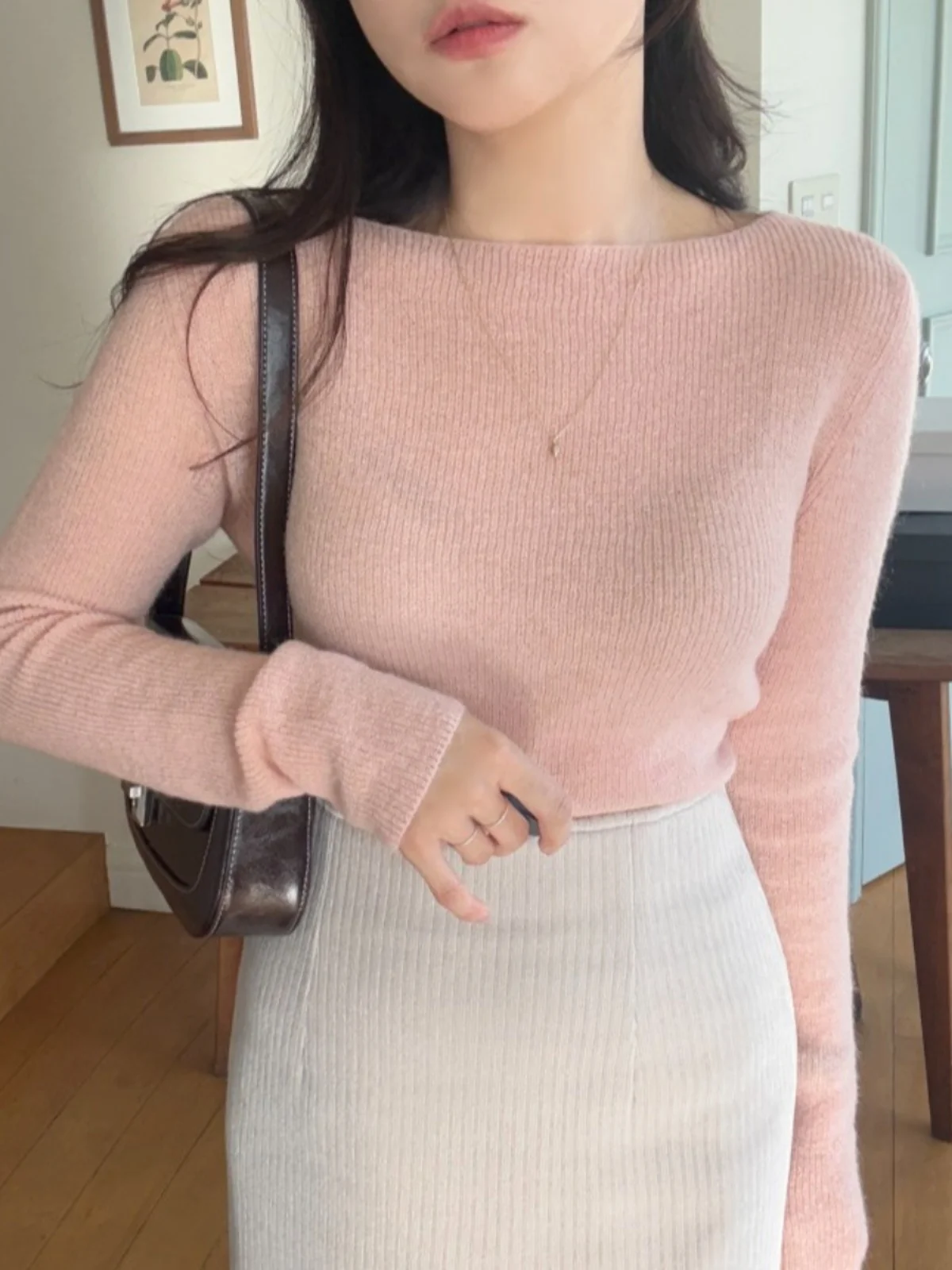 Début du printemps femmes Long Sve tricoté pull coréen Sle coupe ajustée vêtements intérieurs couche de Base bateau Ne haut vêtements d'extérieur