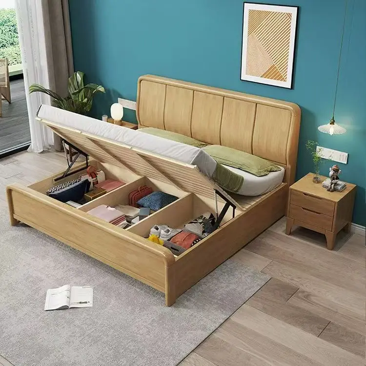 

#￥2025 Contemporary Design Natural Wooden Storage Bed Frame Factory Wholesale Price Hotel Bedroom Furniture Home Wooden Beds