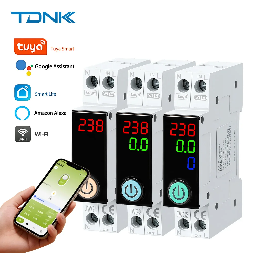 Tuya WiFi Din Rail Smart Circuit Breaker 1P+N 63A Digital Display Energy Meter Voltage Current Protector Remote Switch