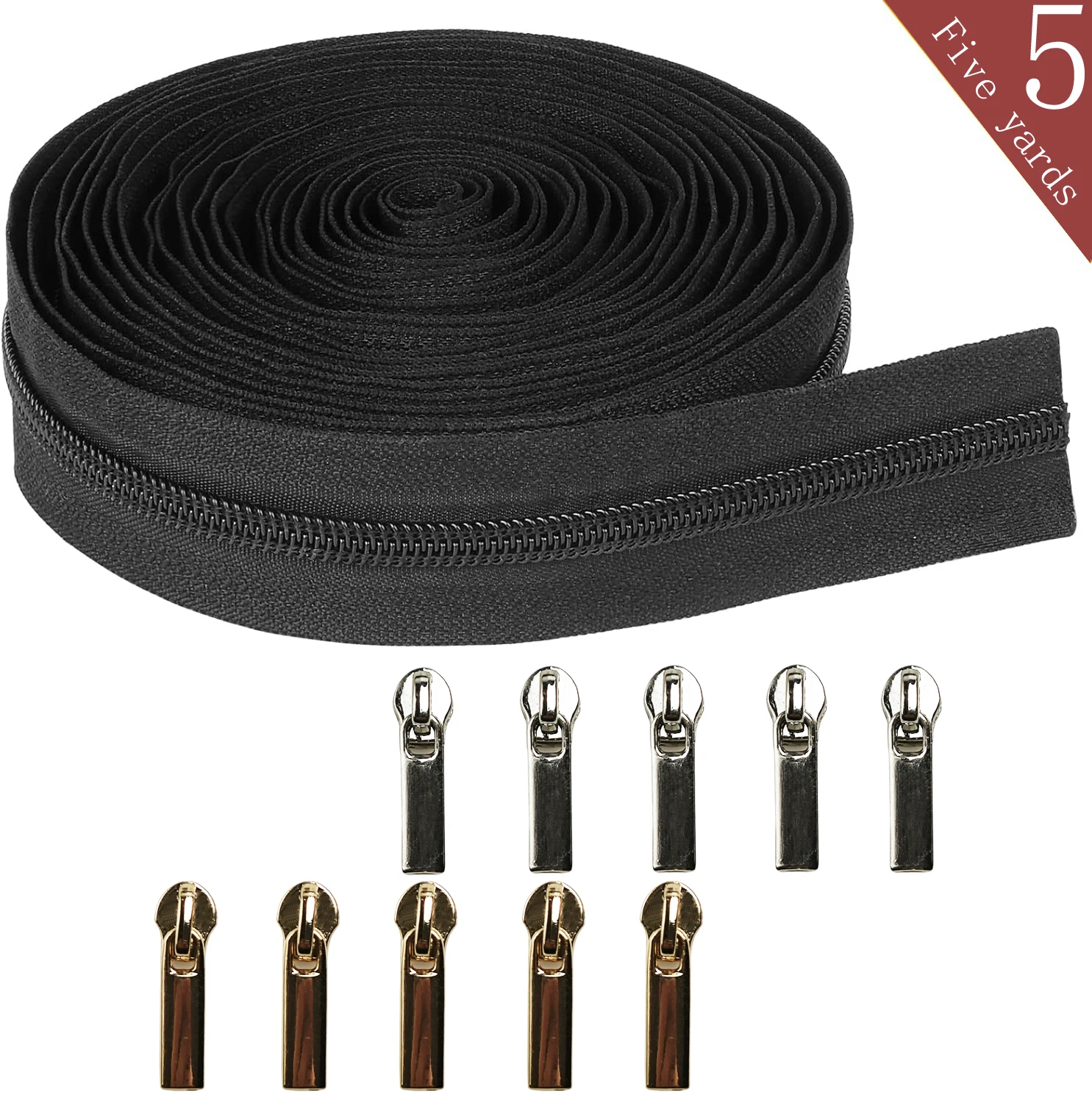 1 Rolle 5 Yards Nylon-Reißverschluss mit 10 Reißverschlussgleitern (5 Stück silberfarben, 5 Stück goldfarben), frei zuschneidbare Größe # 5 Und # 3 Optionen für DIY-Geldbörsen