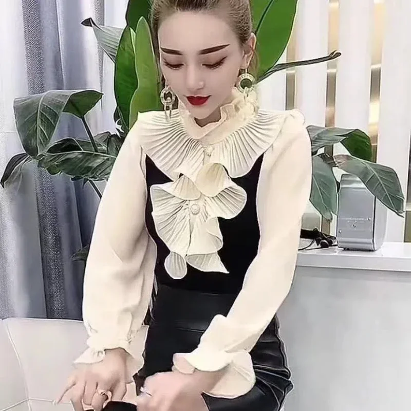 Odzież damska Ruffles Patchwork Elegancka koszula Topy Wiosna Jesień Kontrastowa bluzka biurowa z długim rękawem Moda Vintage ZT253