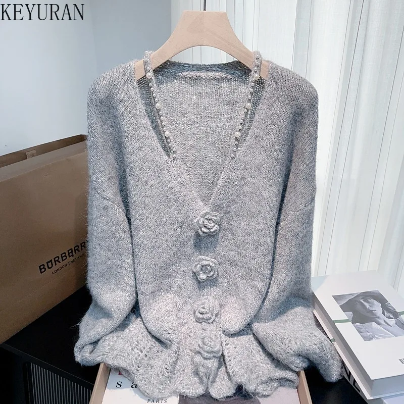 

Осень 202, вязаный кардиган с v-образным вырезом и жемчугом, женский свитер, однотонный корейский модный удобный свободный повседневный трикотаж, топы, джемпер