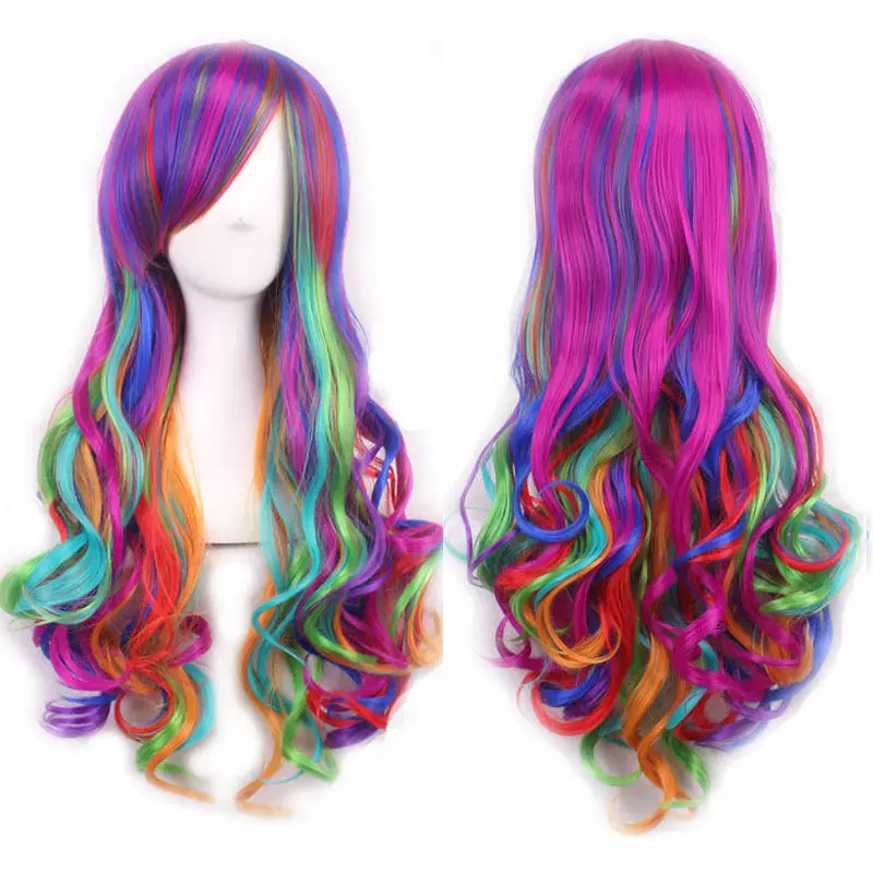 

Women Multicolor Long Curly Wavy Hair Cosplay Party Full Wigs Cap