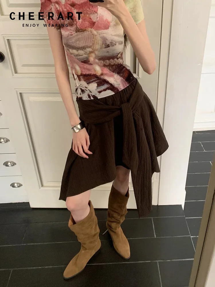 CHEERART Brown Summer Asymmetrical Skirt 2026 Woman Bandage High Waist Knee Length Summer Skirt Designer Fashion Bottoms