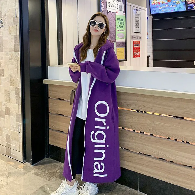 Autumn Winter 2024 New Women Clothing Coat Female Casual Korean Zipper Letter Loose Hooded Sweatshirts Long Jacket Women\'s