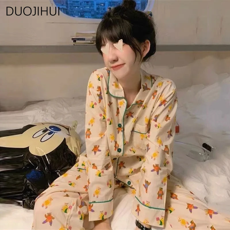 DUOJIHUI-Conjunto de pijama feminino de duas peças, estilo feminino, doce e simples, nova impressão Chicly, moda clássica, casa casual, outono