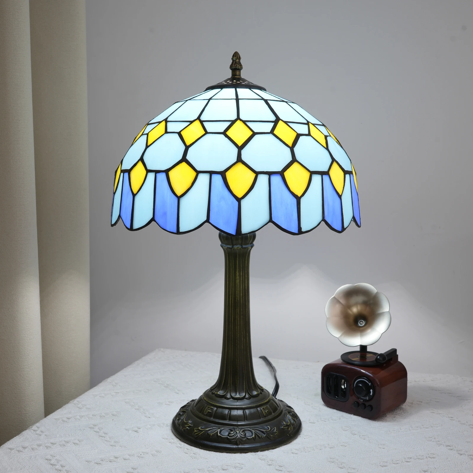 Lámpara de mesa barroca azul, vitral, luz de escritorio de lectura para dormitorio, sala de estar, obra de arte hecha a mano para el hogar y la Oficina