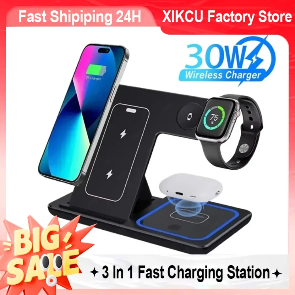 

XIKCU светодиодная подставка для беспроводного зарядного устройства 3 в 1, складная станция быстрой зарядки для iPhone 16-12 Apple Watch 9 8 7 6 5 Airpods Pro