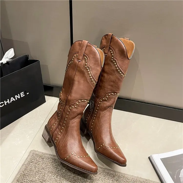 Женские ботинки, летняя женская обувь, ботинки с заклепками, женские ковбойские ботинки в стиле рок 2025 с острым носком в стиле ретро, женские ботинки с заклепками, новинка 2024 года, пуанты